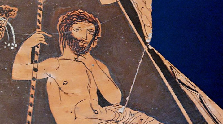Agamennone seduto su una roccia Frammento del coperchio di un Lekanis attico a figure rosse dal Circolo del Pittore di Midia , 410-400 a.C.